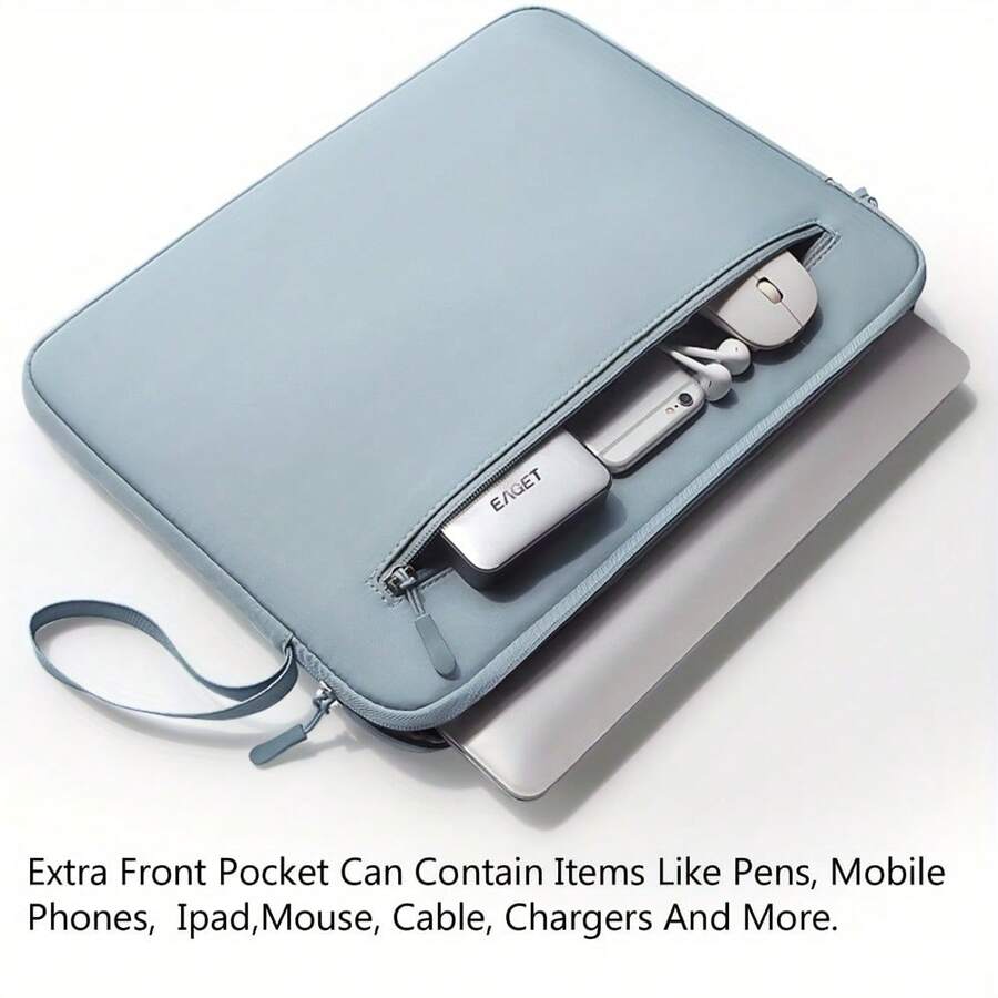 [Laptop] Light Blue Laptop Sleeve |   14.1/15.4 Inch Compatible |   Polyester |   Adjustable Strap With Zipper Closure |   Ideal For Notebooks And Tablets |   Minimalist Design |   Smooth Texture - Black - View 1