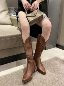 Women's Western Mid-Calf Boots With V-Cut, Riveted Decor, Square Toe, Low Block Heel, Cowgirl Boots,