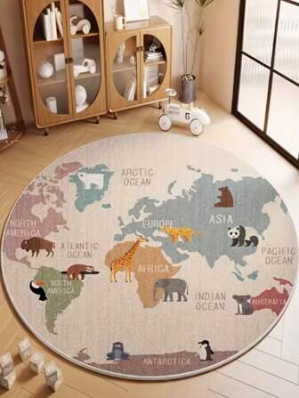 1pc World Map Animal Round Rug, With Clear Markings Of Continents And Oceans As The Base, Accompanied By Vivid Animal Figures From Africa's Giraffe To Antarctica's Penguin, Taking You On A Wonderful Global Journey. Made Of Soft, Skin-Friendly Material, Comfortable Underfoot, And Durable With Easy Cleaning. Suitable For Decorating Living Room, Bedroom, Study, And Other Spaces.