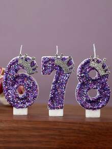 1 件蛋糕装饰数字 0-9 插入物、派对氛围配件、紫色闪光银皇冠数字蜡烛，适用于生日蛋糕、圣诞节 - 紫色 - 查看 8