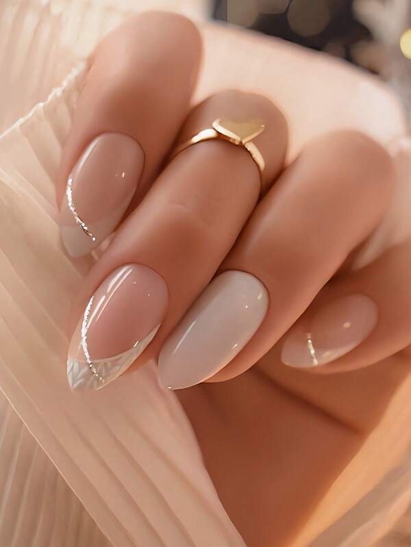 24 Pieces Of Glossy Almond Shaped Wearing Nails With White French Edges And Gold Stripe Design Elegant And Exquisite Fake Nail Patches With File Strips For Women And Girls Jelly Gel Random Shipment Press On Nails Nail Supplies Nails