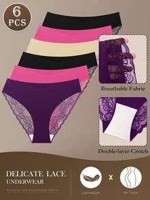 MEIYATING 6条装女士低腰V型无缝蕾丝边透气内裤，轻薄舒适，适合夏季穿着 - 彩色 - 查看 7