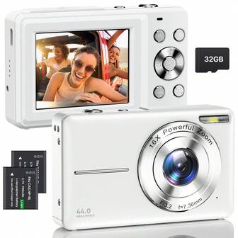 Nicamery 44MP 1080P digitalkamera, 16X zoom, 32GB-kort, 2 batterier, bärbar resekamera lämplig för fotografering, sikta-och-skjut, present till ungdomar och äldre