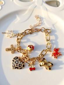 Renaissance Vintage Teddy Bear Charm Bracelet Y2K Cherry Charm Bracelet Party Music Festival Disco Ball Charm Bracelet Red Heart Charm Bracelet Valentines,Mom,Mother,Mother's Day,Gift