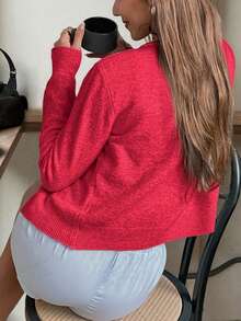 FOR BEAUTY 女士圆领扭结纽扣长袖针织开衫，短款宽松舒适毛衣外套，酒红色，适合春、秋、冬三季穿着。 - 紅色 - 查看 3