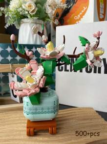500+Pcs Magnolia Flower Building Block Set, 4 Seasons Combination Including Peach Blossom, Bamboo, Peony, Orange Tree With Vase Base, Chinese Style Decorative Collection Piece, Suitable For Indoor Home Display, Great Gift For Men And Women, All Holidays