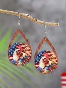 1 Pair New American Independence Day Themed Wooden Water Drop Earrings, Hollow Earrings With Flag & Rooster Design, Fashion Jewelry Gift For Friends