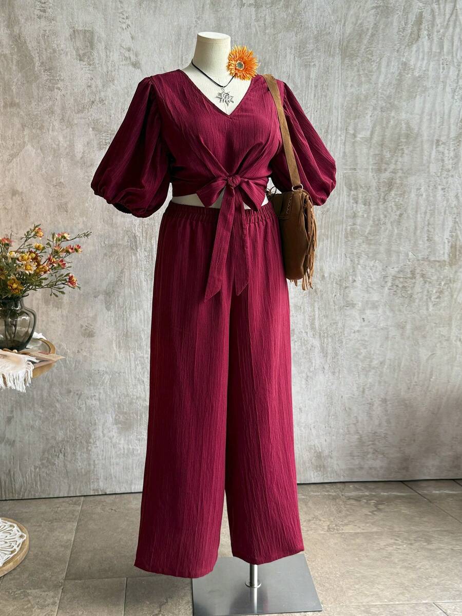 Rusttydustty Plus Size 2 Pieces Set Puff Sleeve Crop Top And High Waist Wide Leg Pants For Summer Casual Wear Boho Western Women Clothes - Burgundy - View 1