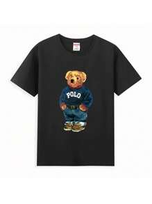 Camiseta de manga corta 100% algodón puro para hombre con motivo realista de oso y diseño "POLO" en negro, cuello redondo, estilo casual, adecuado para uso diario y actividades, atuendo para todas las estaciones, camiseta casual para hombre, camisetas gráficas para hombres, atuendos de vacaciones, camisetas divertidas, camisetas gráficas de "streetwear"