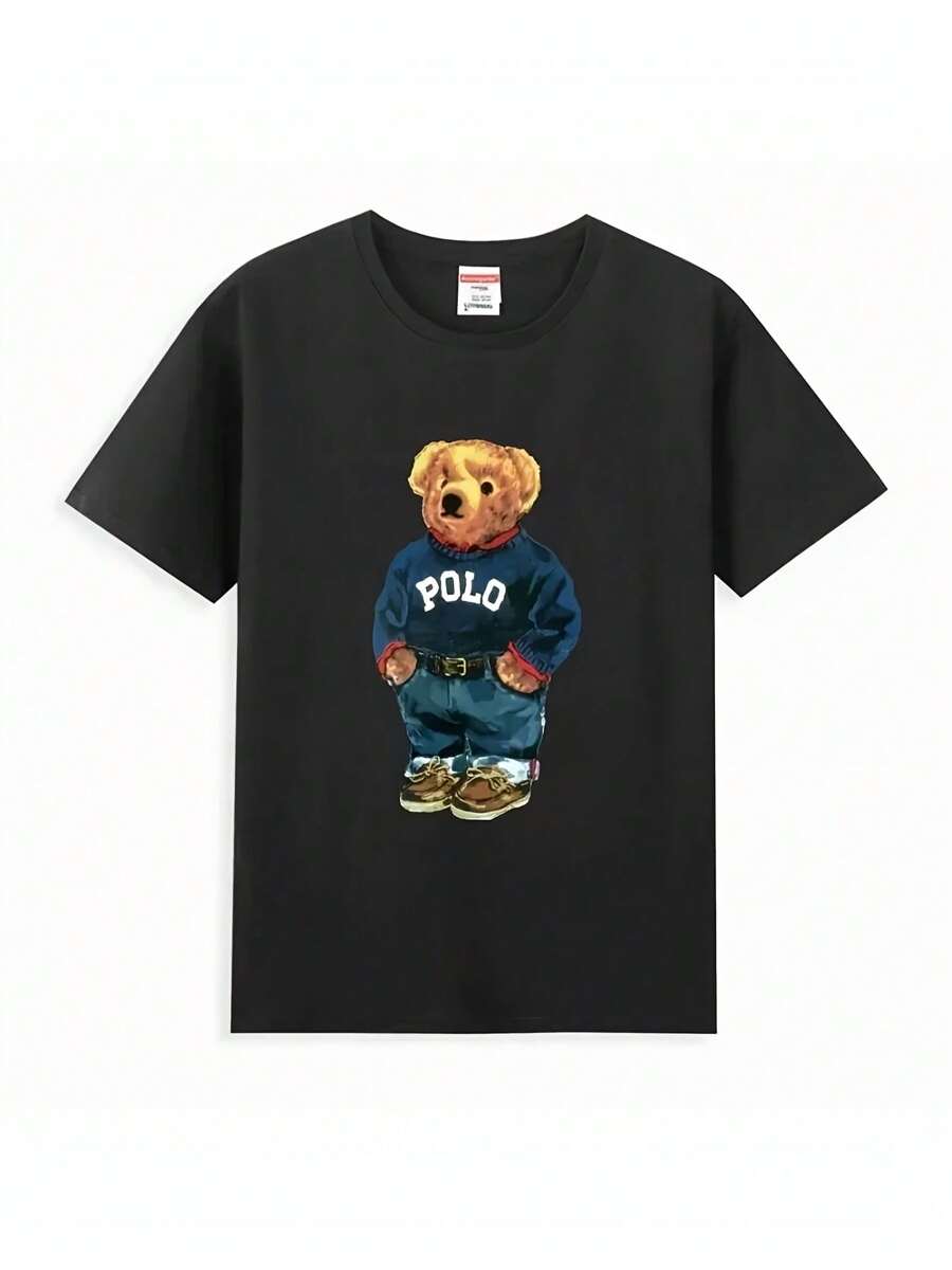 Camiseta de manga corta 100% algodón puro para hombre con motivo realista de oso y diseño "POLO" en negro, cuello redondo, estilo casual, adecuado para uso diario y actividades, atuendo para todas las estaciones, camiseta casual para hombre, camisetas gráficas para hombres, atuendos de vacaciones, camisetas divertidas, camisetas gráficas de "streetwear"