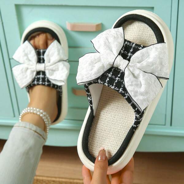 Pantuflas ligeras de interior de mujer con suela de EVA, pantuflas de casa de punta abierta con decoración de lazo, pantuflas suaves, cómodas y silenciosas para todas las estaciones