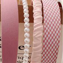 5 Pcs/Set Women Spring Floral Plaid Pearl Hair Hoop Set, Ethereal & Sweet Wide-Edge Headband Hair Accessories, Versatile Outdoor Girly Style, Valentine's Day Gift For Girlfriend, Pink Hair Accessories Headbands Hairband