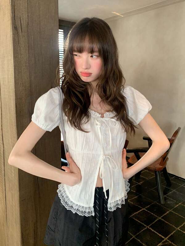 Sweet Girl Puff Sleeve Lace Trim Tie Waist Slim Fit White Blouse