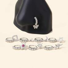 8Pcs/Set Dangle Nose Rings Hoop Butterfly Heart Moon Flower Cross Star CZ Cartilage Earring Dangling Nose Body Piercing Jewelry 20G