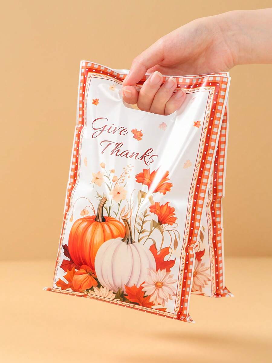 10/25/50pcs Autumn Pumpkin Flowers Style Gift Handbags, Thanksgiving Party Treat Gift Packaging Bag, Small Thank You Plastic Gift Bag, Happy Thanksgiving Day Party Decoration Supplies, Home Decor, Table Decor, Thanksgiving Party Supplies, Autumn Harvest Holiday Event Party Gift Packing Supplies, Fall Decor, Autumn Thanksgiving Party Gifts Favors Decor Packages