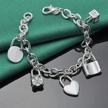 精美 1 件 925 纯银 8 英寸心形/圆锁手链 女士时尚奢华礼物圣诞派对饰品