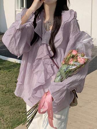 2025 春夏宽松纯色长袖开衫休闲女衬衫夹克