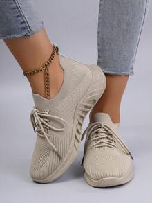 STEPREACH Fall/Winter Women's Casual Sports Mesh Sneakers, Breathable Comfortable Lightweight Lace-Up Solid Color Pink Bright Color Anti-Slip Wear-Resistant - Khaki - View 4