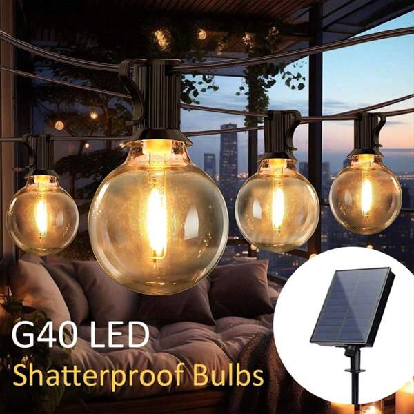 Outdoor Solar Powered G40 Waterproof Shockproof String Lights, Plastic Material Warm White Retro Decor Lighting For New Year Party Wedding Camping Garden Holiday Illumination