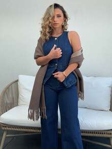 Jeta Ari Bộ 2 món áo ba lỗ xẻ eo cài nút kim loại phía trước cho nữ và quần jeans dài - Bộ denim thanh lịch, quần jeans ống rộng rộng rãi, quần jeans cạp cao cho nữ, FW25 - Rửa tối - Xem 2