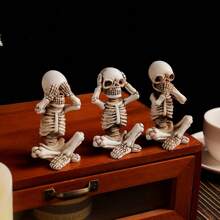 1 set de 3 pièces Décoration d'Halloween pour la maison, Squelette ne voit pas le mal, n'entend pas le mal, ne parle pas le mal. Convient pour le bureau, le salon, la chambre, la décoration d'ambiance du bureau de bar. Figurines en résine artisanales à collectionner, ensemble cadeau créatif.