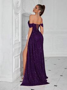 ADYCE Sequin V-Neck Mermaid Hem Ruched Waist Front Slit Open Back Maxi Party Dress - 紫色 - 查看 2