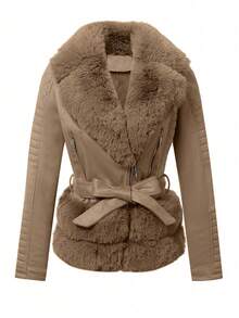 Risissida Ladies' Elegant Faux Fur Collar Short Jacket With Adjustable Waist And Bonus Belt - Perfect For Autumn And Winter - Brown - View 4