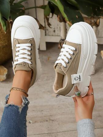 Zapatillas casuales con suela gruesa para mujer, zapatos de plataforma de moda, calzado versátil de unicolor y punta redonda, para primavera/otoño