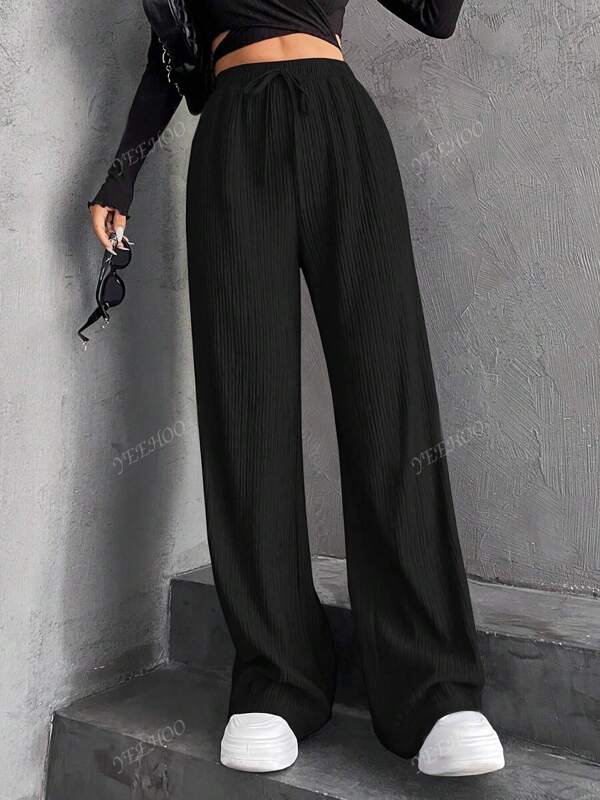 Women Europe & US Style Elastic Waist Striped Straight Leg Wide Leg Pants