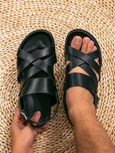 Men's Double Layer Thick Sole Beach Sandals, Black Roman Style Middle Eastern Arabic Flat Slides