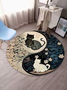 1 pièce Tapis de sol rond motif chat Yin Yang doux - lavable en machine, pour la décoration intérieure du salon et de la chambre à coucher, thème des fêtes, décoration de chambre, décoration de pièce, petit tapis, couverture, tapis d'extérieur, tapis de jardin, tapis de salon