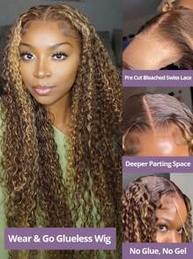 HJ WEAVE BEAUTY Perruque en dentelle bouclée profonde brune à reflets sans colle 7x5, cheveux humains P4/27, pré-épilée, avec fermeture en dentelle HD et cheveux de bébé, à porter et à emporter, sans colle, pour femmes, adaptée aux débutantes, véritables cheveux brésiliens Remy, densité de 180 %, boucles d'aspect naturel