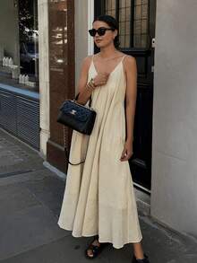 Robe maxi femme ample décontractée à col V texturé avec bretelles spaghetti - Nude - Voir 3