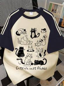 1PC Teen Girls Cute Cat Print Raglan Sleeve T - Shirt, Comfortable And Breathable, Summer Daily Casual Wear - Apricot - View 2