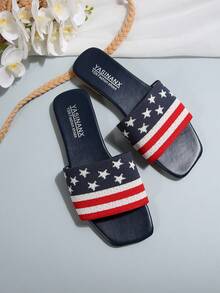 Giày sandal đế rộng, giày đế xuồng sọc trắng cho nữ mùa hè, dép xỏ ngón đế bằng và dép sandal đỏ cho nữ phù hợp cho kỳ nghỉ thường ngày, dép lê cho nữ, kỷ niệm ngày độc lập và các dịp khác - Đỏ và Trắng - Xem 3