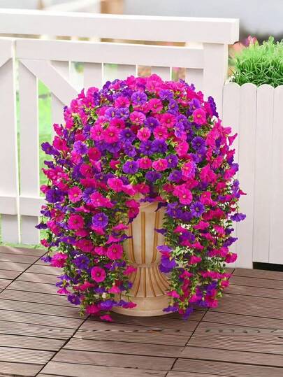 人造丝牵牛花，配以桉树叶，抗紫外线，逼真悬挂花卉，仿真花卉植物，适合春夏户外装饰，人造悬挂花卉，适用于婚礼、家居、办公室、花园、生日、周年纪念、节日、毕业典礼装饰（玫瑰红）