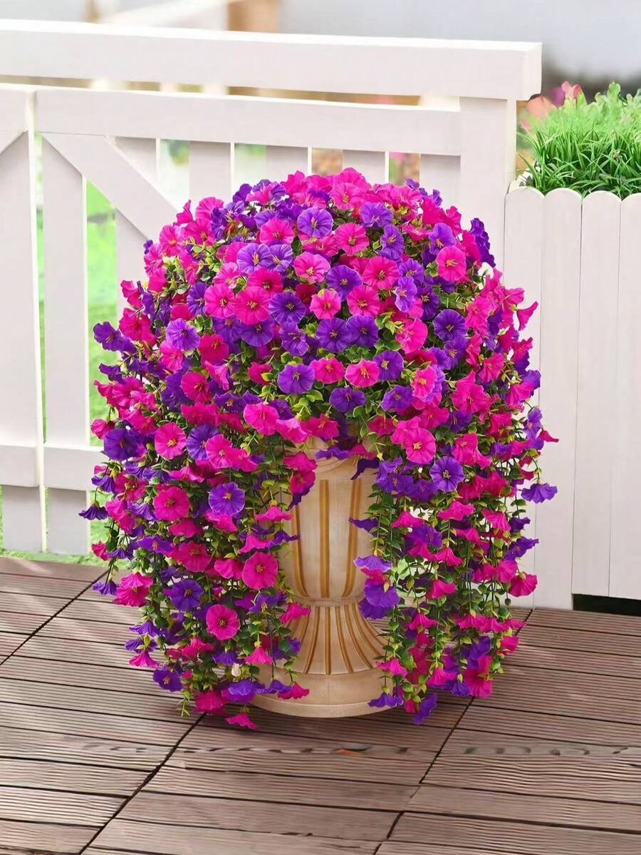 Artificial Silk Morning Glory With Eucalyptus Leaves, UV-Resistant, Realistic Hanging Floral, Artificial Lifelike Flower Plant, Suitable For Outdoor Decoration In Spring And Summer, Artificial Hanging Floral, Suitable For Wedding, Home, Office, Garden, Birthday, Anniversary, Holiday, Graduation Ceremony Decoration (Rose Red) - Multicolor - View 1