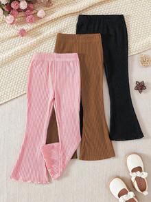 3pcs/Pack Girls Flared Pants Set, Casual Comfy Ribbed Knit, Sweet Cute Flared Pants, Suitable For Spring & Summer - Brown - View 2