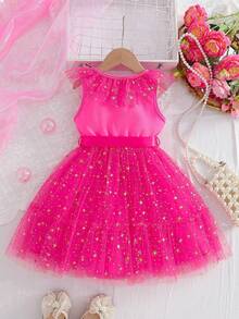 Toddler Girls' Tulle Dress - Star Print Sleeveless Pageant Gown With Belt  Wedding  Party Sparkle Trim - Hot Pink - View 3