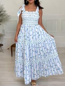 Acelitt Đầm chữ A màu xanh da trời nhạt với họa tiết hoa, xếp nếp và ren, thích hợp cho kỳ nghỉ hè thanh lịch. - Màu xanh nhạt - Xem 1