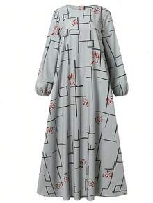 开斋节快乐印花休闲宽松圆领长袖连衣裙 - 灰色 - 查看 2