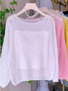 Casual Solid Color Hollow Knit Sweater - Beige - View 3