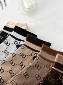 5 Pairs Women Short Socks With Striped Letter Pattern, Multi-Color, Simple, Contrasting Color, Sporty, Fashion, Versatile, Spring/Summer