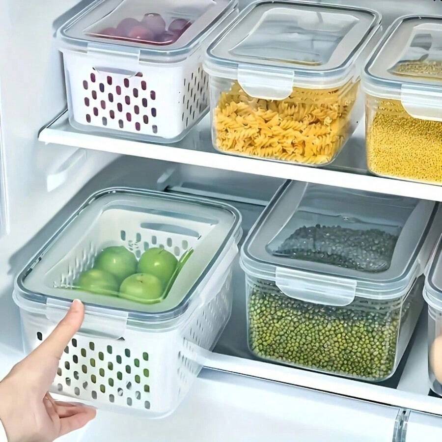 Juego de 9 piezas para almacenamiento en refrigerador - Sistema de cocina multifuncional apilable, adecuado para frutas, verduras | 3 tapas, 3 cestas, 3 cajas con bandejas de goteo