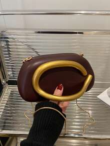 1pc (7.4in*3.9in*2.3in) PU Leather Elegant Clutch Bag With Chain Shoulder Strap, Sophisticated Metal Decoration, Unique Personalized, Handheld And Shoulder Strap Design, Suitable For Daily Use, Party, Banquet, Retro Design, Women Evening Bag (Golden Matte Hardware) - Coffee - View 6