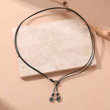 1 pieza Tobillera ajustable casual con cuerda negra, cuentas plateadas, flores, estrellas y luna como decoración, adecuada para uso en vacaciones en la playa de mujeres