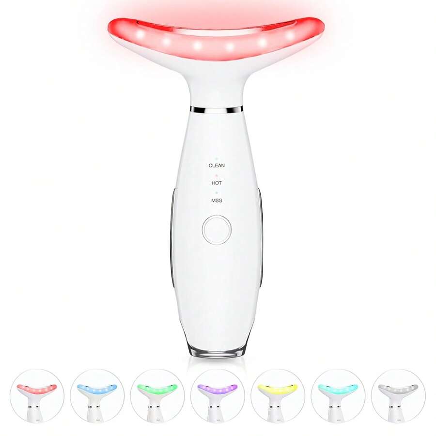 7 Color Neck Face Massager - Facial Massager Tool For Skin Care At Home, Vibrating Face Massager With Thermals, Galvanic Machines White - Pink - View 1