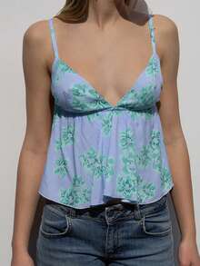 Women Camisole, Sleeveless Tops V-Neck Backless Flower Print Summer Vest For Party Club - Blue - View 2