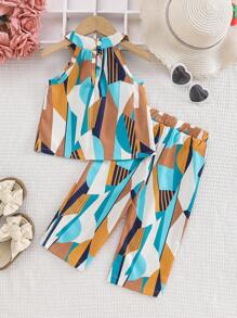 Set de 2 piezas para niñas bebés con top halter y pantalones estampado geométrico cuadrado, look casual de vacaciones