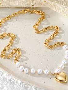 1 件欧美奢华金属仿珍珠心形吊坠多层项链，优雅女士锁骨项链 - 金黃色 - 查看 3